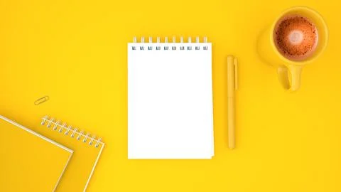 3d render top view yellow workspace office desk office supplies. Flat lay wor Stock Illustration