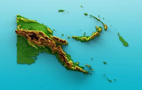 3D render of a topographic Papua New Guinea map with hypsometric elevation on a イラスト素材