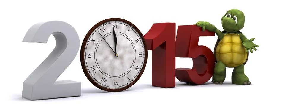 3D render of a tortoise with clock at new years Illustrazione stock