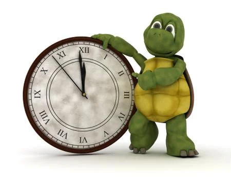 3D render of a tortoise with clock at new years Illustrazione stock