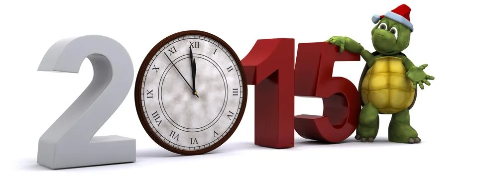 3D render of a tortoise with clock at new years Stock Illustration