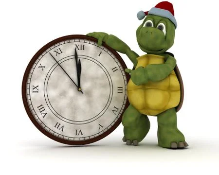3D render of a tortoise with clock at new years Illustrazione stock