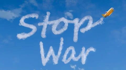 3D render of toy airplane writing Stop War in the sky. Concept of war in Ukraine 스톡 일러스트