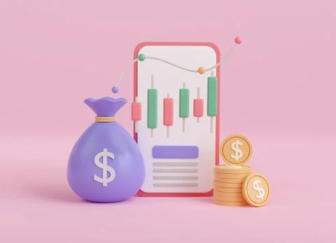 3d render trading stock with coin on mobile phone icon. business investment.. Ilustración de archivo