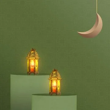 3D render of traditional glowing lanterns on green podiums with a crescent .. Stock Photos