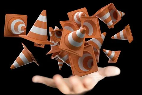 3D render of Traffic Cones above a hand with a black background Stock Illustration