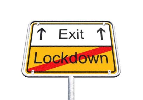 3d render of a traffic sign with the message lockdown and exit Illustrazione stock