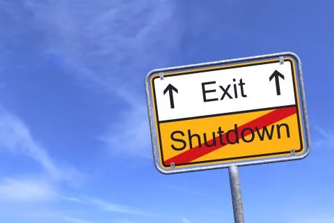 3d render of a traffic sign with the message shutdown and Exit Stock Illustration