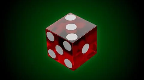 3d render of translucent red die with white pips sits on a green surface Stock Illustration