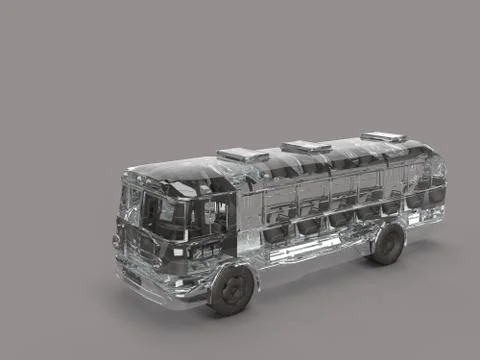 3d render of a transparent bus model with black seat and tyres in grey Illustrazione stock