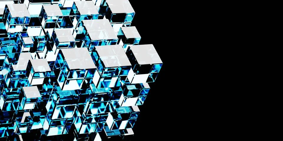 3d render of transparent glass cubes on black background Stock Illustration