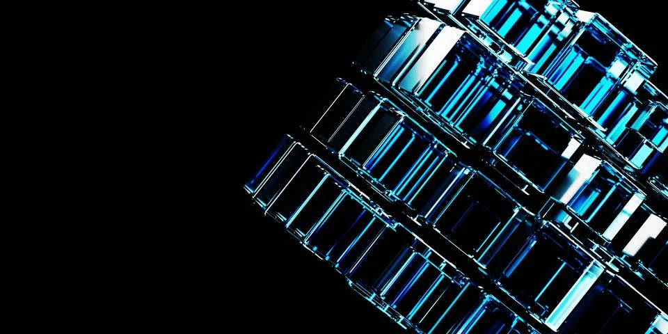 3d render of transparent glass cubes on black background Stock Illustration
