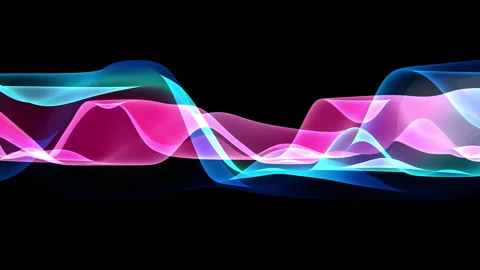3D render of transparent wavy forms in holographic colours on black background Stock Footage 240235753