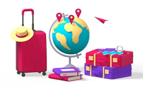 3d render traveler set of suitcase with luggage and globe. Stock Illustration
