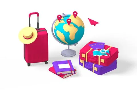 3d render traveler set of suitcase with luggage and globe. Stock Illustration