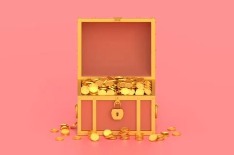 3d render treasure chest with coins on pink background. Stock Illustration