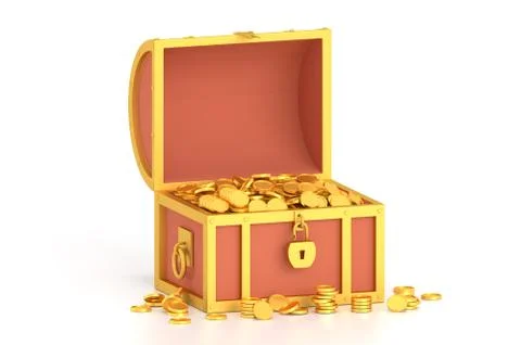 3d render treasure chest with coins on white background. Stock Illustration