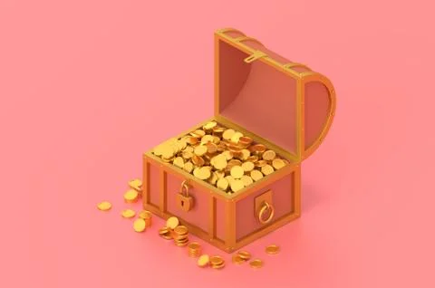 3d render treasure chest with coins on pink background. Stock Illustration