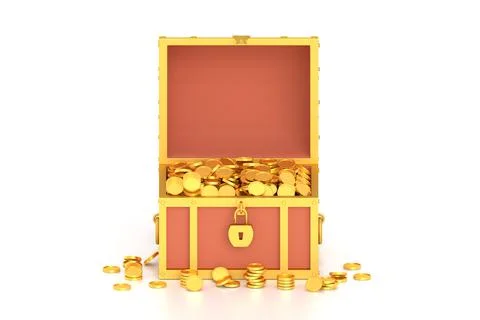 3d render treasure chest with coins on white background. Stock Illustration
