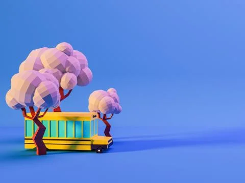 3d render of trees and school bus on blue background in neon colors. Back to Stock Illustration