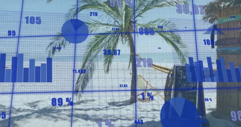 3D render tropical beach scene displaying analytics overlay with palm tree Stock Footage 308603099