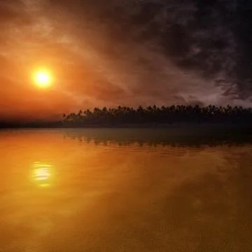 A 3D render of a tropical island reflected in a calm ocean under a cloudy sky Stock Illustration