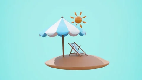 3D render of a tropical island scene featuring a striped beach umbrella and.. Stock Footage 314722967