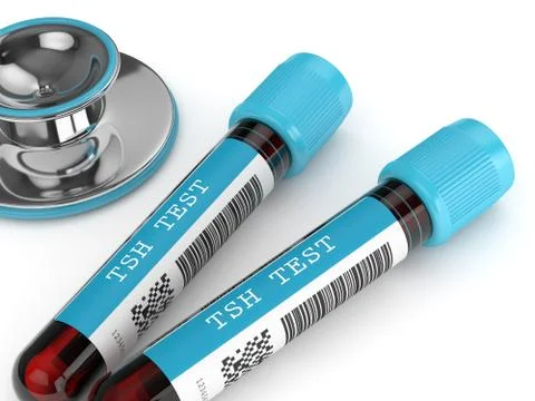 3d render of TSH test blood tubes with stethoscope 스톡 일러스트