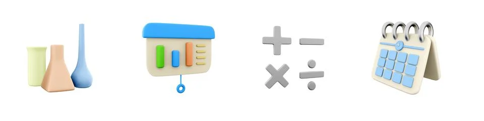 3d render tubes, diagram, mathmetical operations, calendar icon set on white Stock Illustration