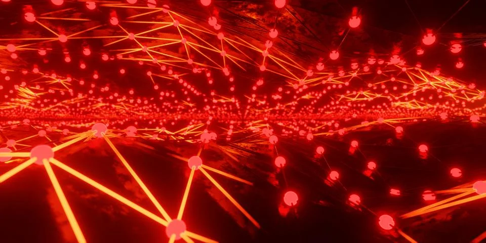 3D render of tunnel with red geometric neon illumination Illustrazione stock