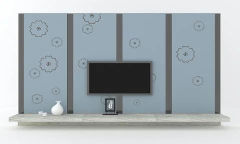 3d render of a TV and some decoratives by a floral grey backgroun 스톡 일러스트