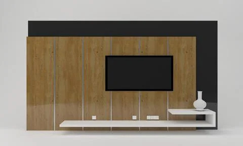 3d render of a tv, a decorative table with a wooden background Stockillustratie