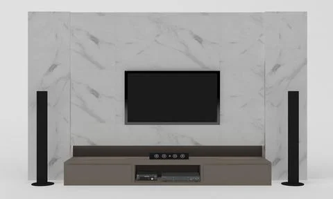 3d render of a TV set and a table on a grey background Illustrazione stock