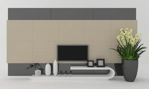 3d render of a TV set, table, and decoratives in a l Illustrazione stock