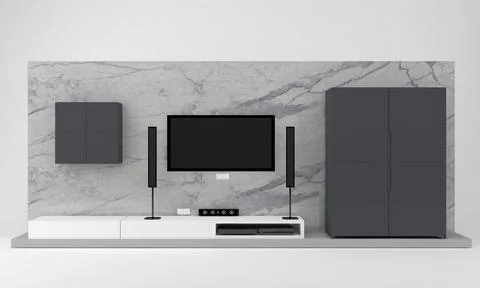 3d render of a TV set, table, and closets in a living roo Stock Illustration