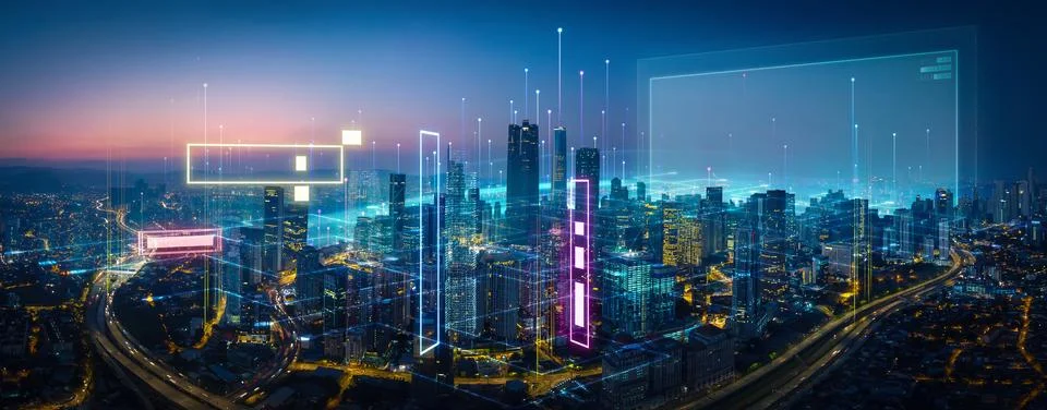 3D render twilight view over a modern city skyline with digital interfaces .. Stock Illustration