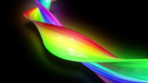 3d render. Twisted ribbon of rainbow color glows on a black background. Abstract Stock Illustration