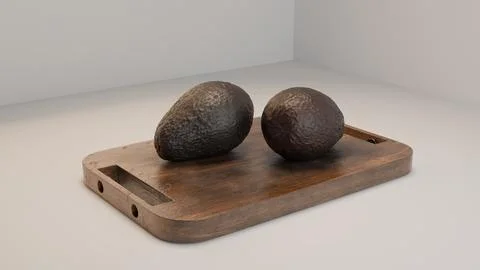 3D render of two avocados on cutting board in neutral setting Stock Illustration