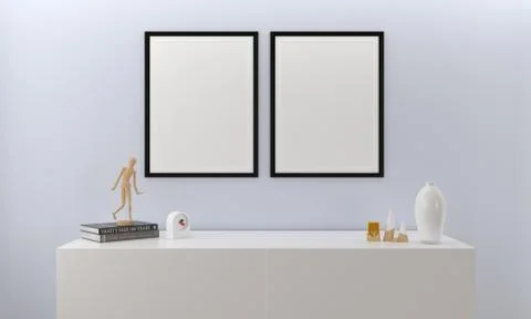 3d render of two blank frames, a shelf, and some decoratives Stockillustratie