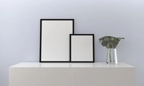 3d render of two blank frames on a shelf with a decorative shelf Stock-Illustration