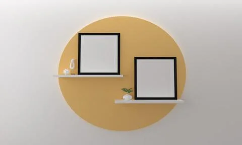 3d render of two blank frames on shelves with decoratives Stockillustratie