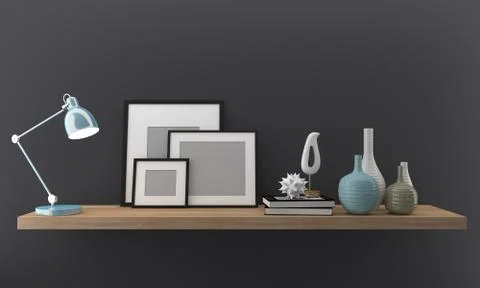 3d render of two blank frames on a shelf with a lamp, books, and decoratives イラスト素材