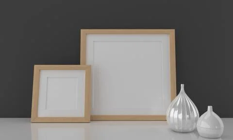 3d render of two blank frames and decorative vases Stock-Illustration