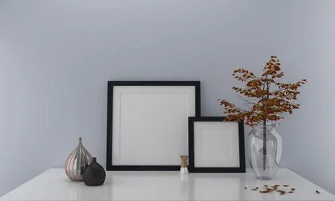 3d render of two blank frames on a shelf with decoratives and vase Stock-Illustration