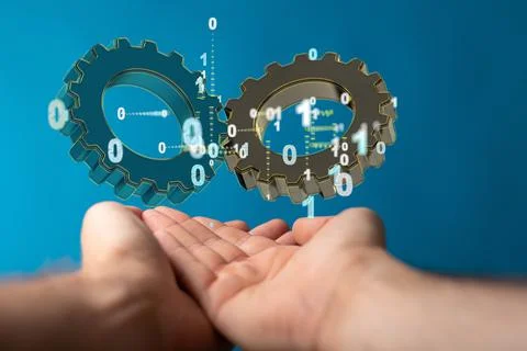 A 3D render of two construction tools floating in the air above a man's hands Stock Photos