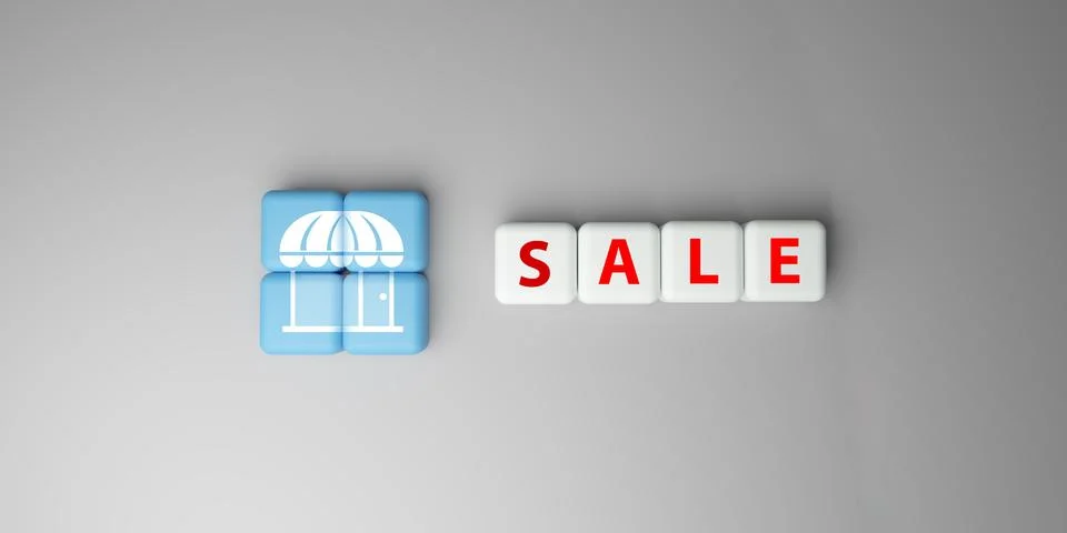 3D render of two cubes with store icon and four cubes spelling SALE on gray.. Stock Photos