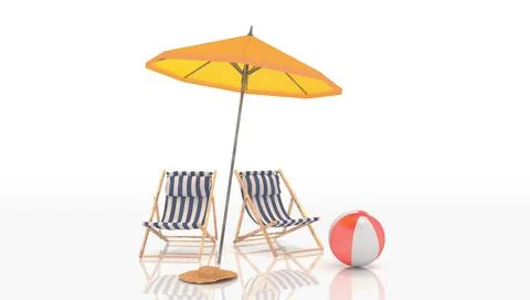 3d render of two deck chairs, a parasol and a beach ball Stock Illustration