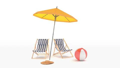 3d render of two deck chairs, a parasol and a beach ball Stock Illustration