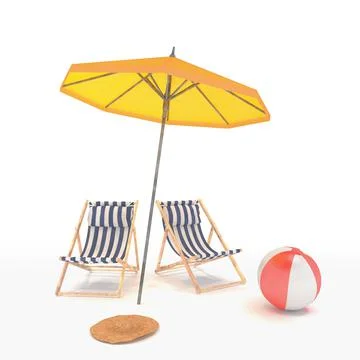 3d render of two deck chairs, a parasol and a beach ball Stock Illustration