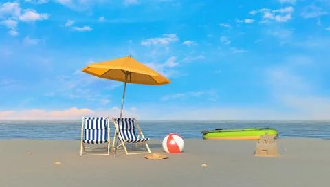 3d render of two deck chairs, a beach umbrella and a beach ball Stockillustratie